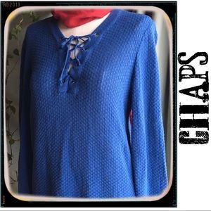 CHAPS Blue Lace-Up V-Neck Tunic 💯% Cotton